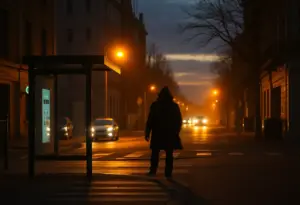 Bus stop in Cleveland with ominous shadows indicating crime