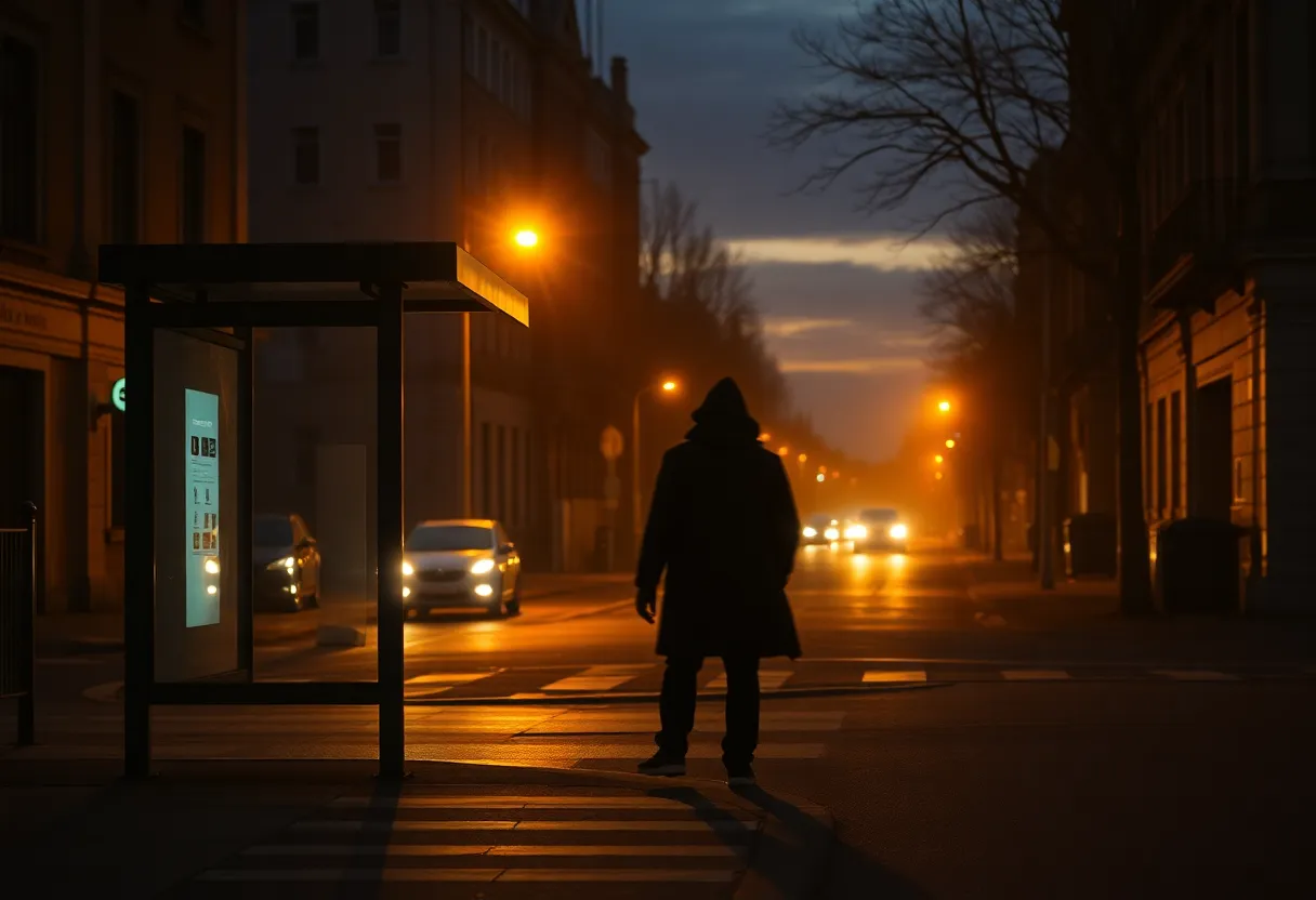 Bus stop in Cleveland with ominous shadows indicating crime