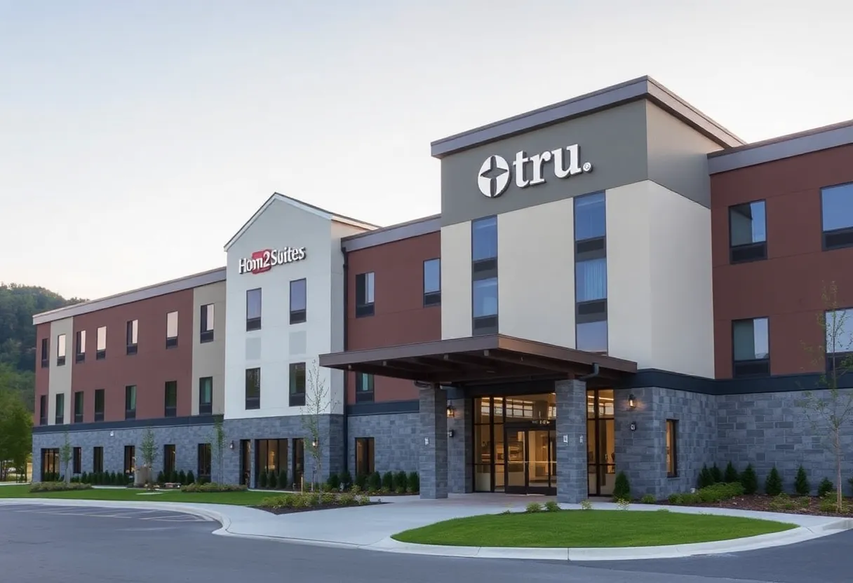 Exterior view of the new dual-brand hotel in Cleveland, Tennessee with Home2 Suites and Tru by Hilton signage.