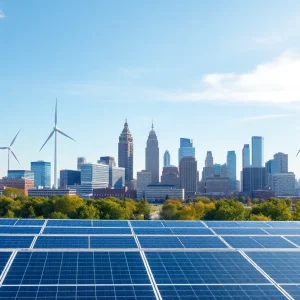 Illustration of Cleveland skyline with renewable energy sources