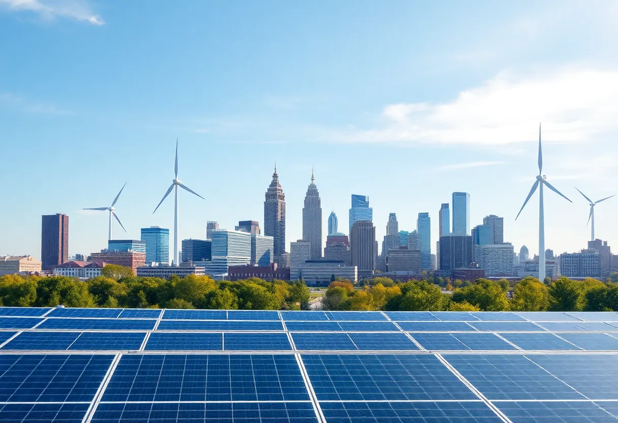Illustration of Cleveland skyline with renewable energy sources