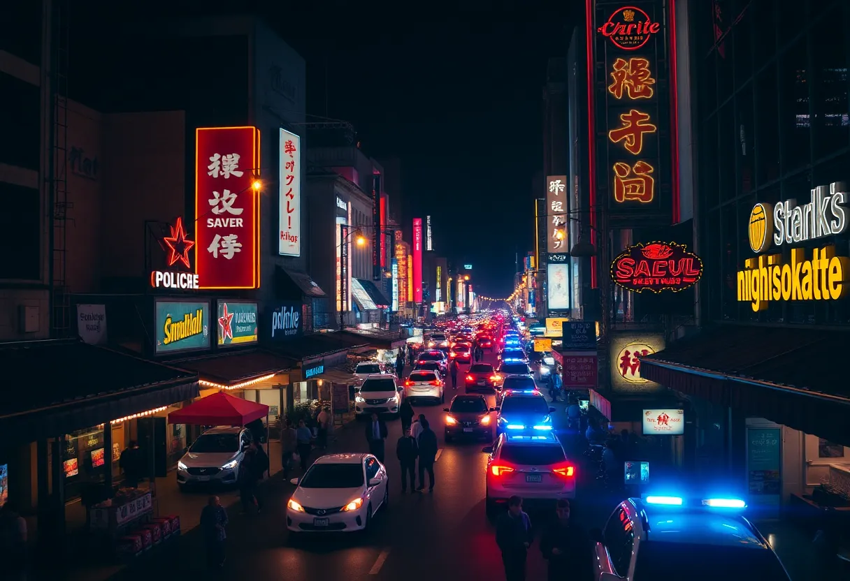 Police presence in Cleveland's Entertainment District at night