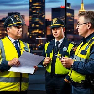 Conceptual depiction of public safety officials discussing social media policies.