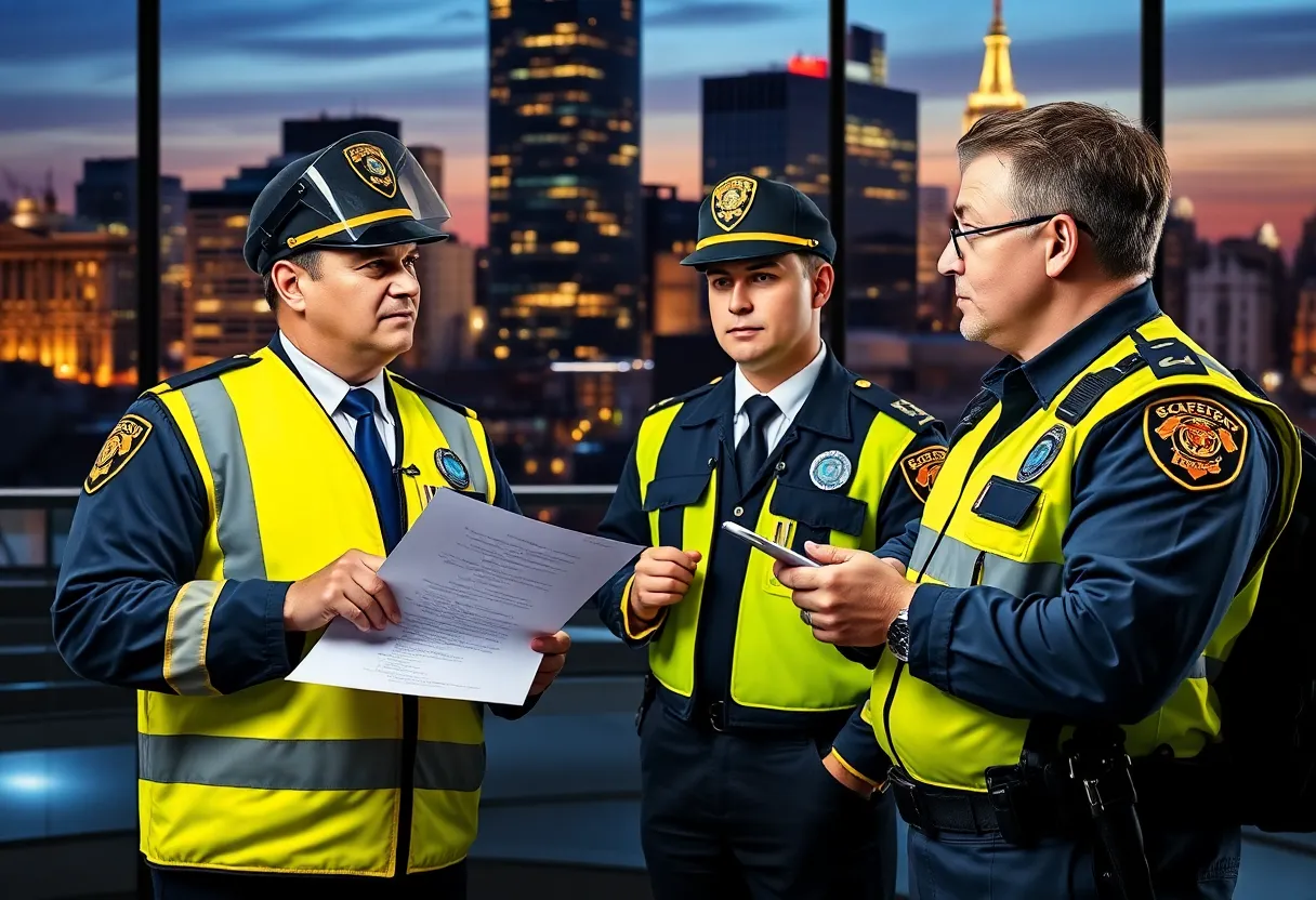 Conceptual depiction of public safety officials discussing social media policies.