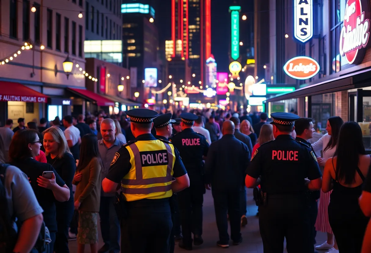Nightlife in Cleveland's Flats area with police presence
