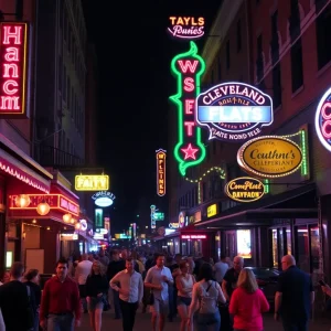 Vibrant nightlife in Cleveland's Flats district