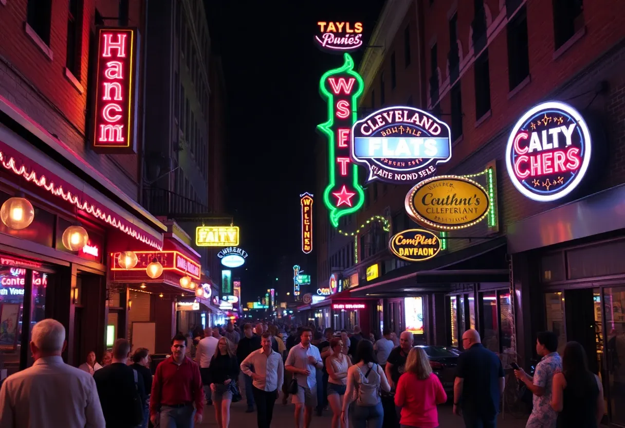 Vibrant nightlife in Cleveland's Flats district