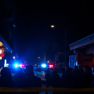 Police light at a crime scene in Cleveland's Flats after a shooting