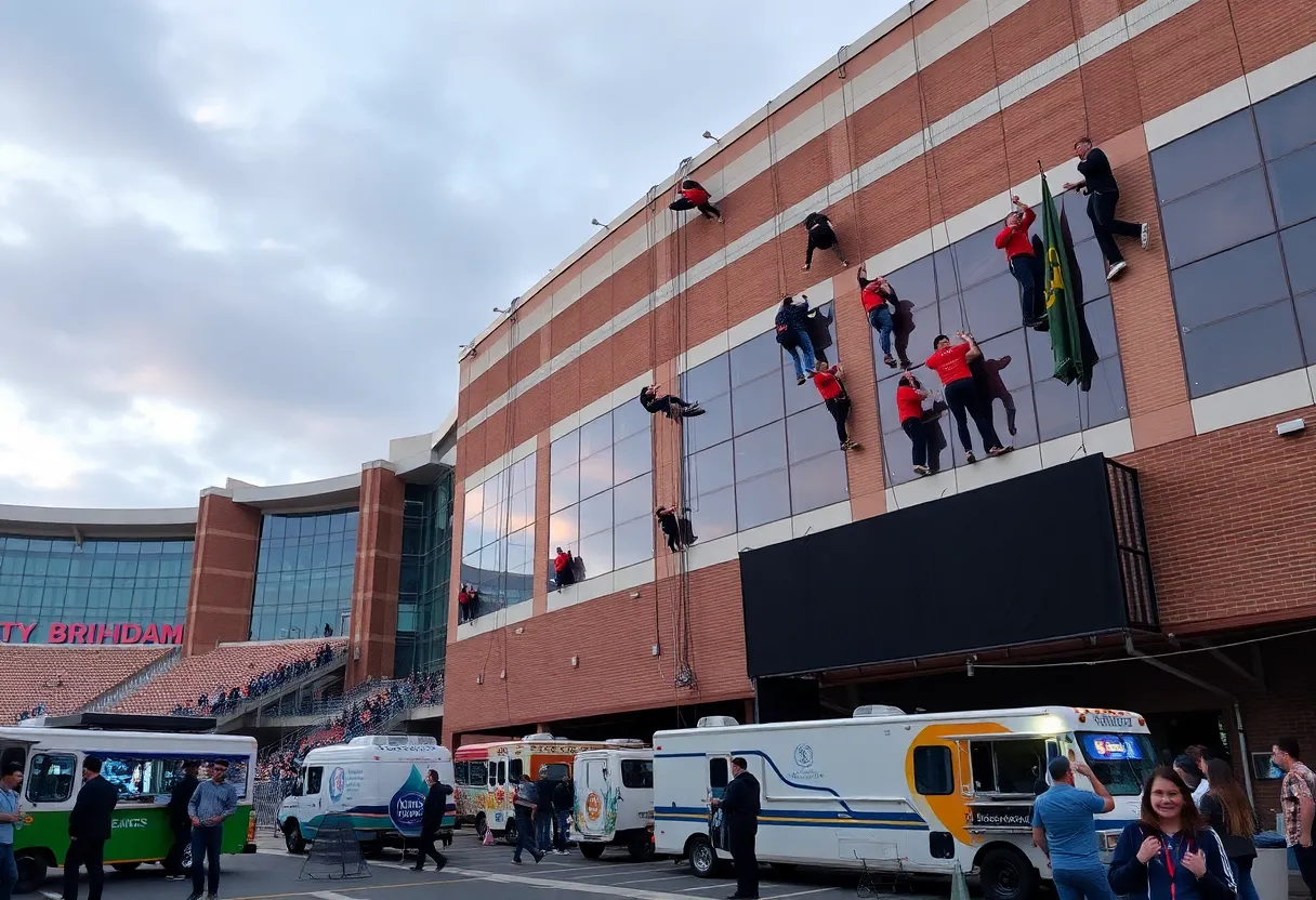 Participants rappelling down a stadium for a fundraising event.