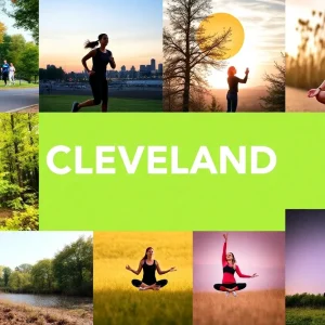 Collage of Cleveland health events including a 5K run, nature hike, and yoga practice.