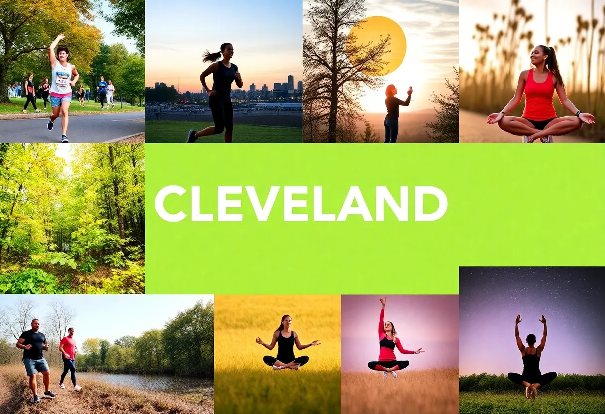 Collage of Cleveland health events including a 5K run, nature hike, and yoga practice.