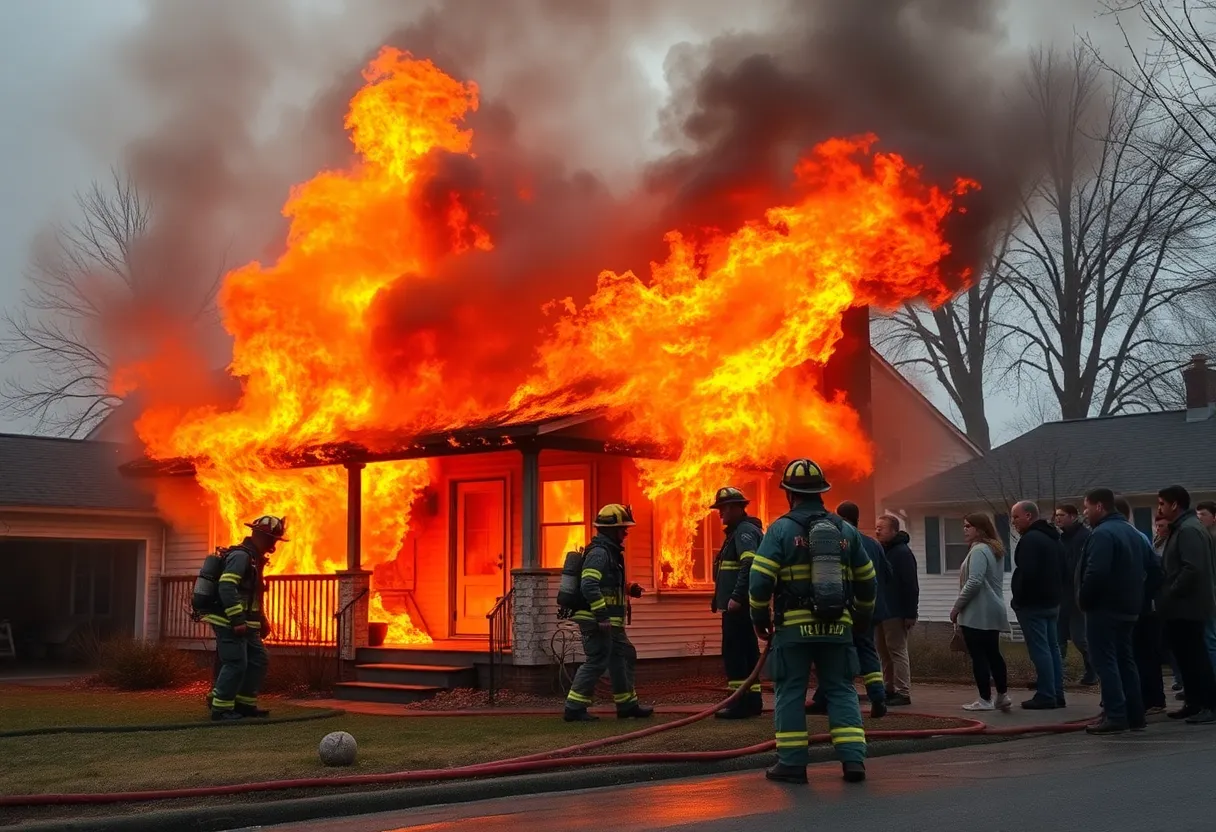 House fire in Cleveland with firefighters at the scene