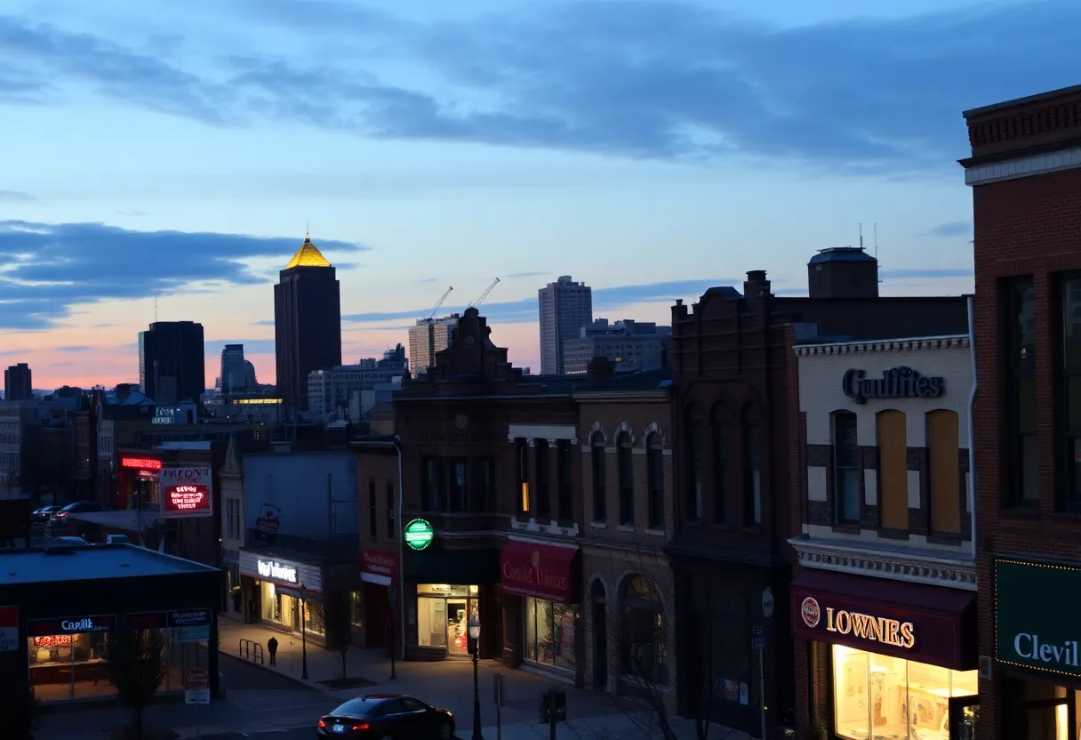Cleveland cityscape highlighting neighborhoods struggling with crime.
