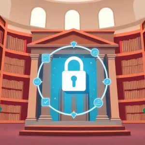 Cleveland Public Library building with cybersecurity visuals.