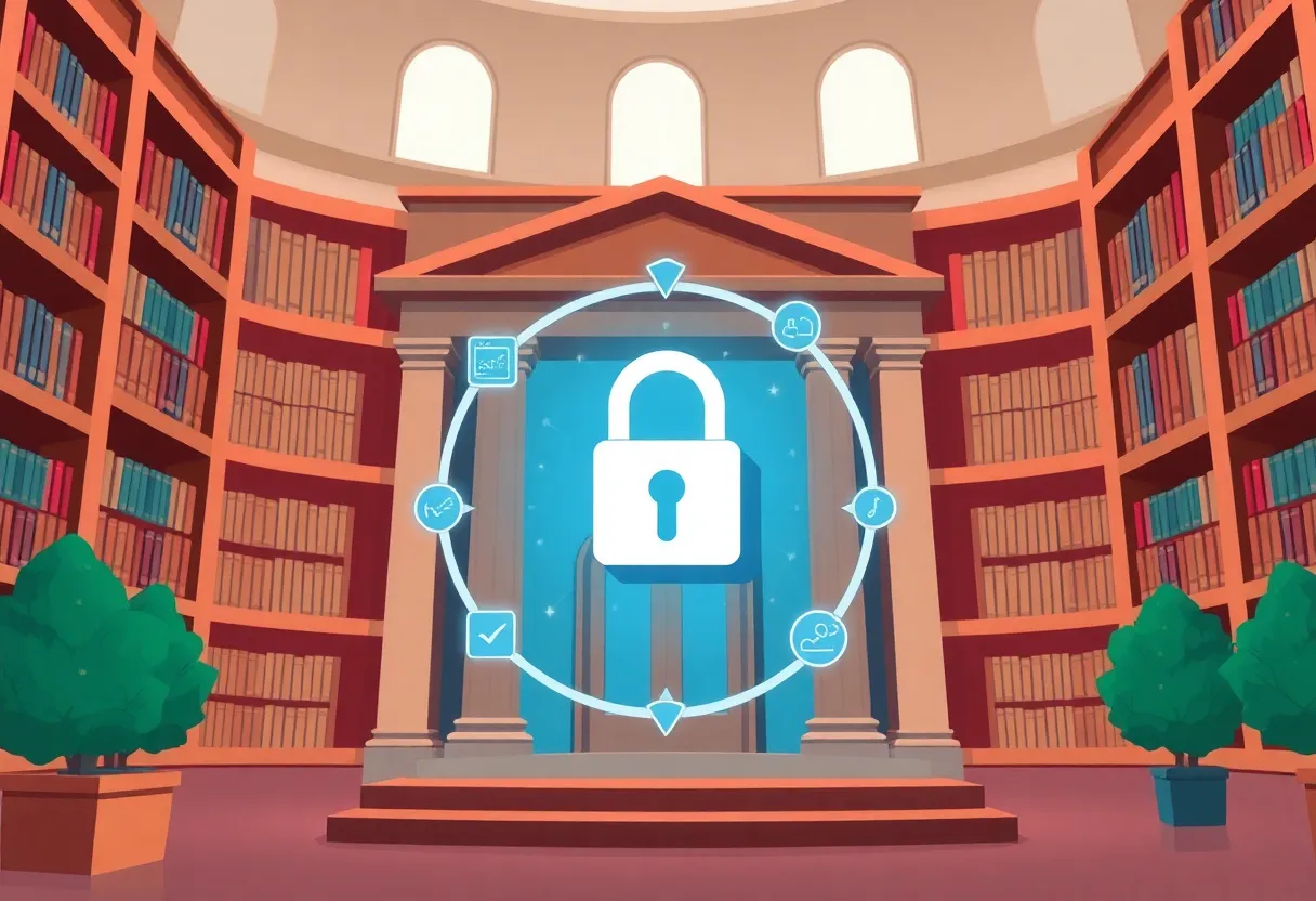 Cleveland Public Library building with cybersecurity visuals.