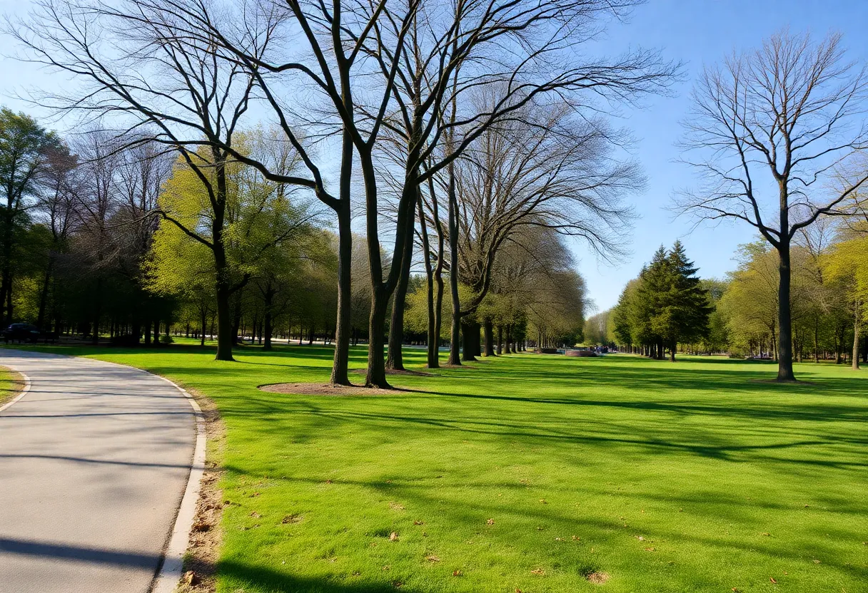 A scenic view of a running trail in Cleveland's park.