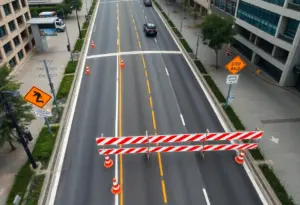 Construction scene on Cleveland Shoreway during traffic closure