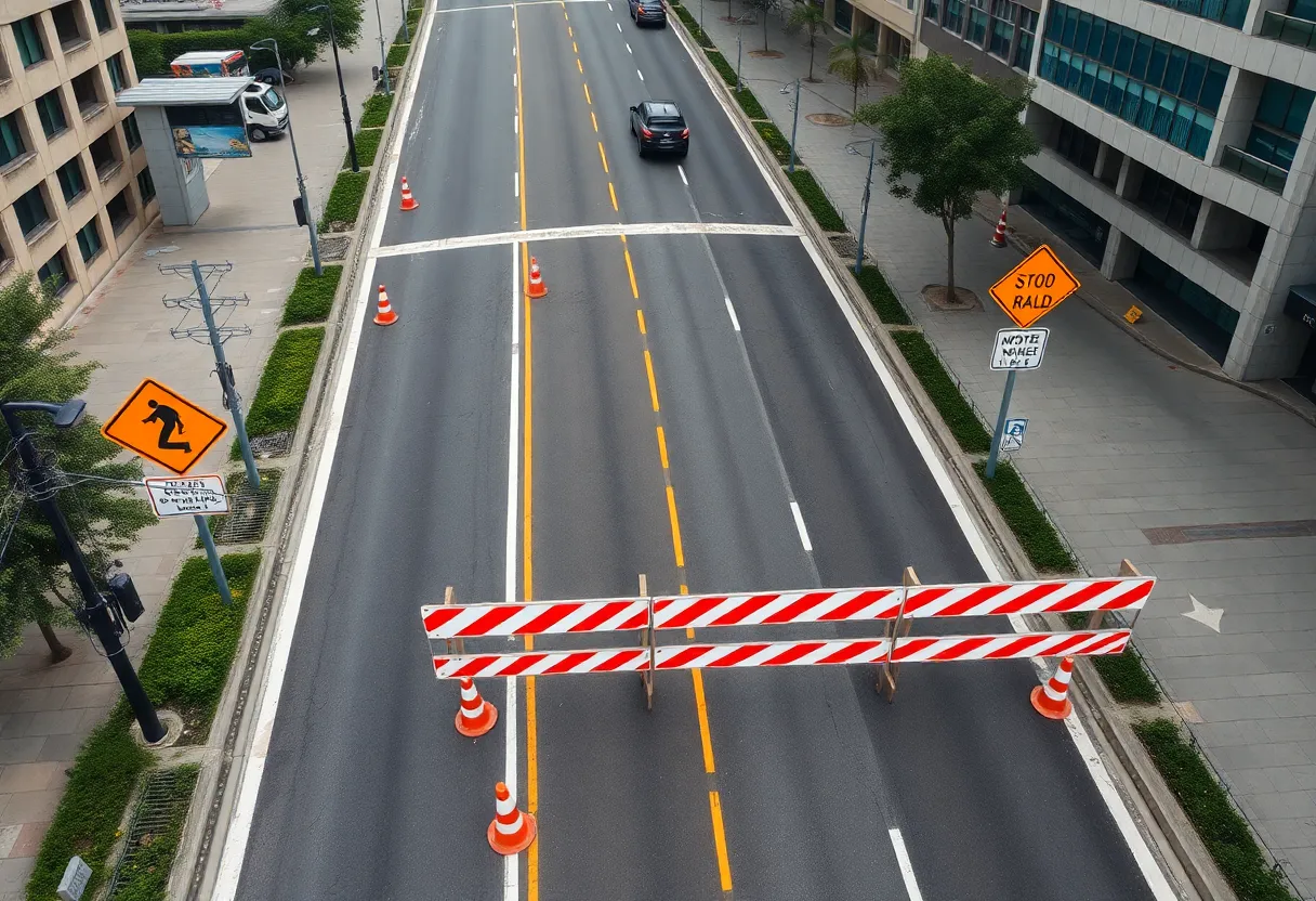 Construction scene on Cleveland Shoreway during traffic closure