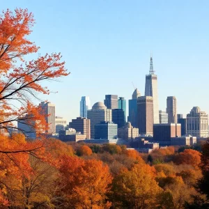 Cleveland's skyline with autumn foliage
