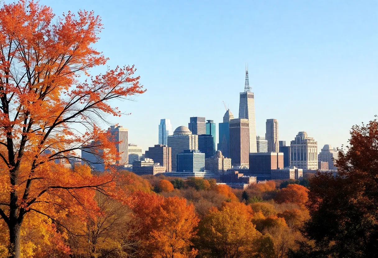 Cleveland's skyline with autumn foliage