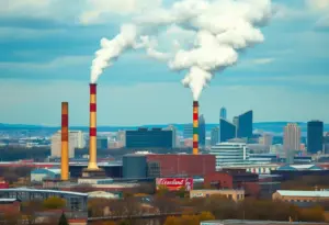 Cleveland steel plant with emissions soaring into the air