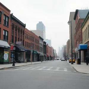 Cleveland cityscape illustrating rising crime rates with boarded-up businesses.