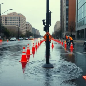 Flooded Shoreway street with repair crew and traffic cones in Cleveland.