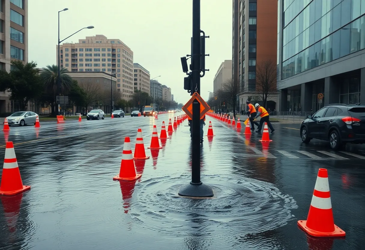 Flooded Shoreway street with repair crew and traffic cones in Cleveland.