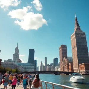 A lively scene in Cleveland showcasing waterfront attractions and happy tourists.