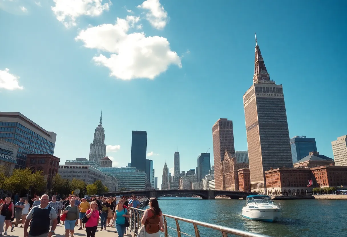 A lively scene in Cleveland showcasing waterfront attractions and happy tourists.