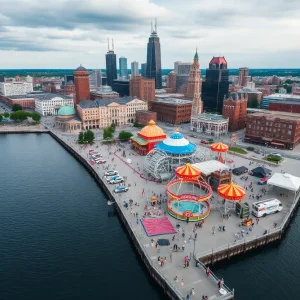 Aerial view of Cleveland's waterfront bustling with tourists enjoying the city's attractions.