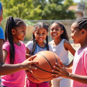 Young girls engaging in basketball activities at a Cleveland community event.