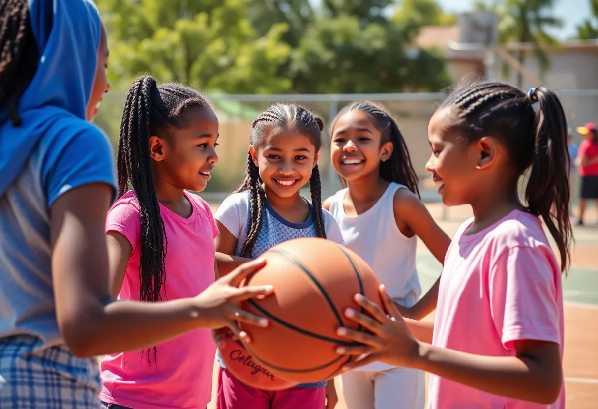 Young girls engaging in basketball activities at a Cleveland community event.