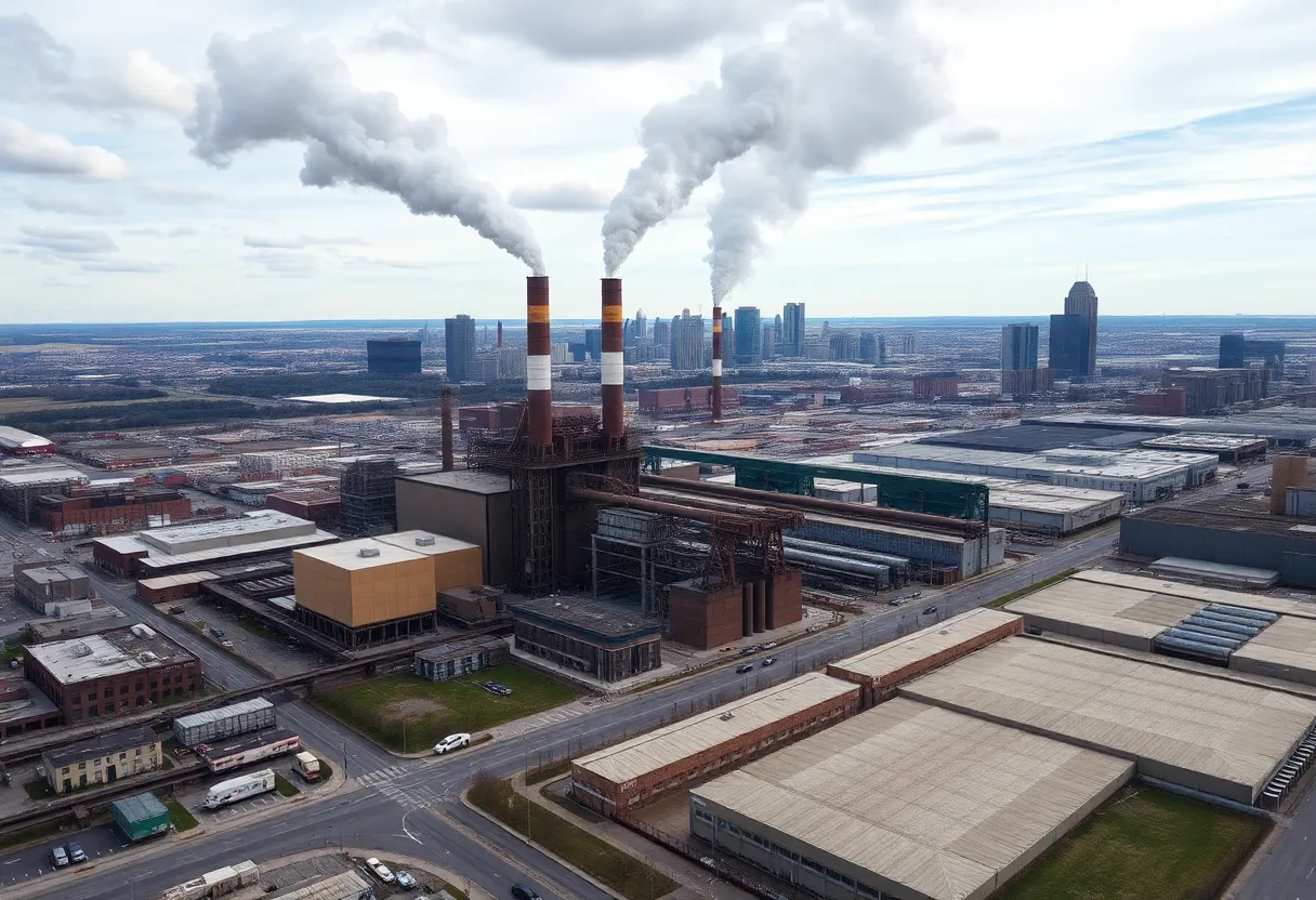 Cleveland Works steel plant with emissions against city skyline