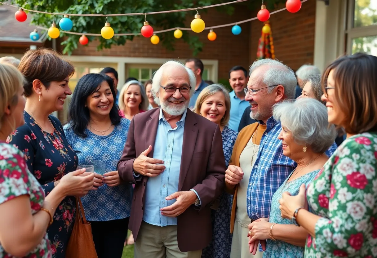 People gathered in a community hall remembering a beloved local entrepreneur