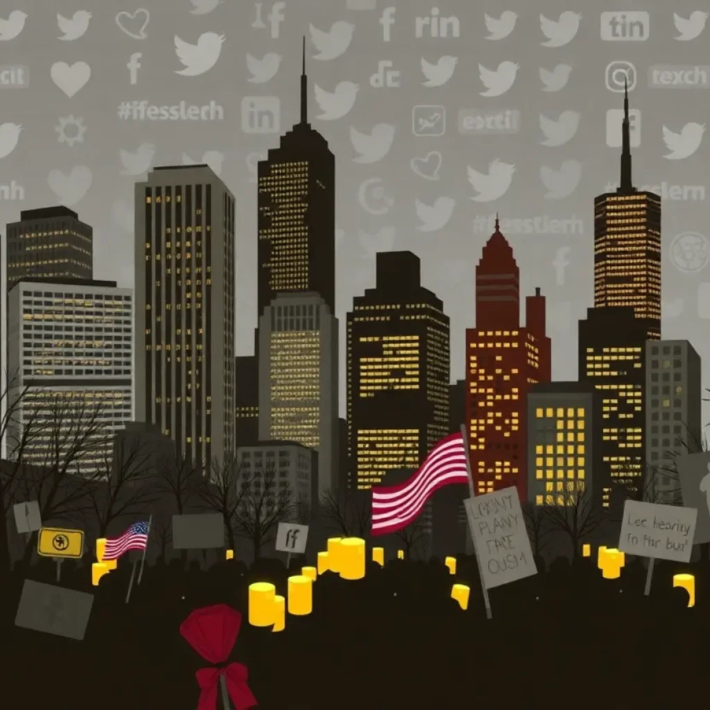 A cityscape representing mourning and activism in response to Charlie Kirk's murder.