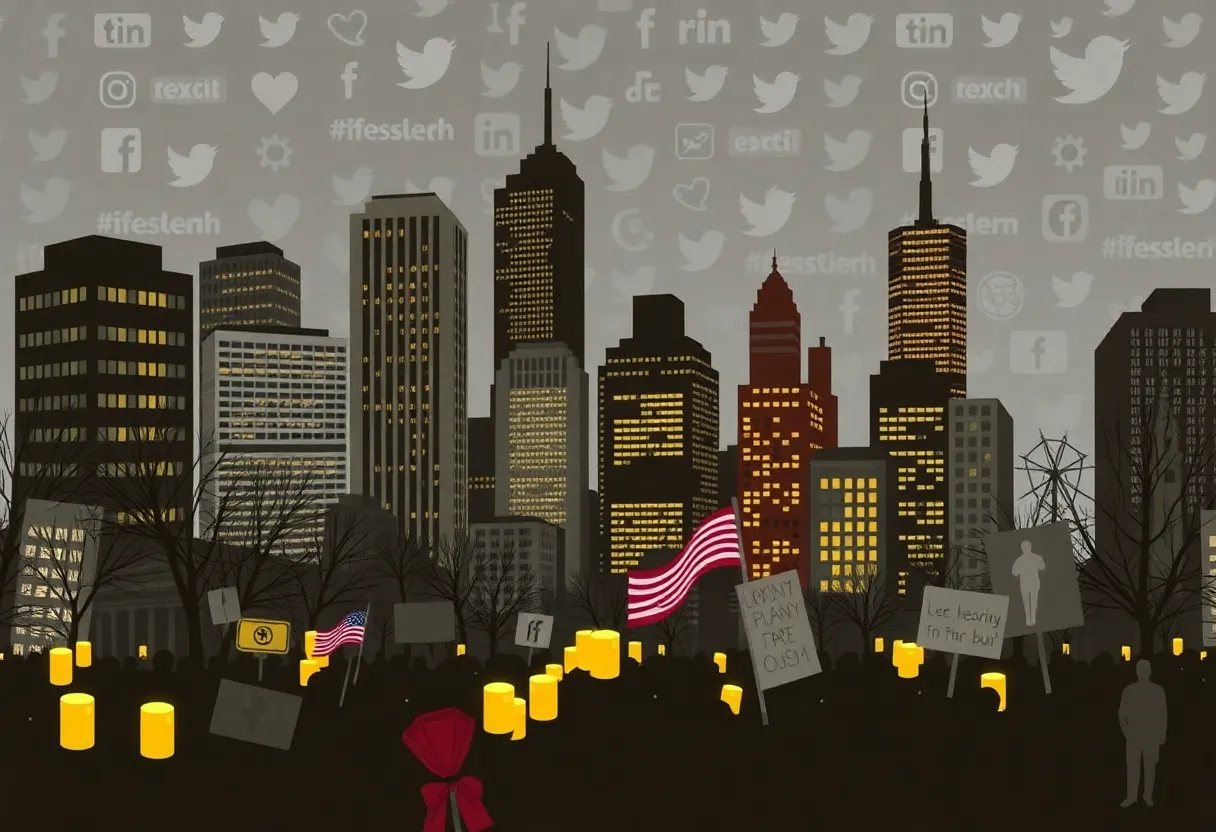 A cityscape representing mourning and activism in response to Charlie Kirk's murder.