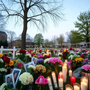 A community park set up for a memorial tribute with flowers and candles