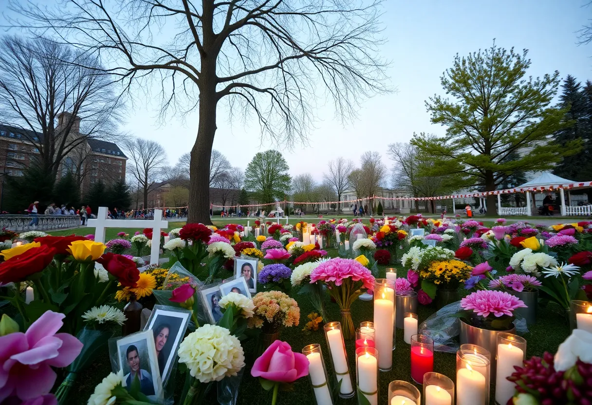 A community park set up for a memorial tribute with flowers and candles