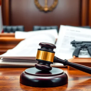 Courtroom scene with gavel and legal documents