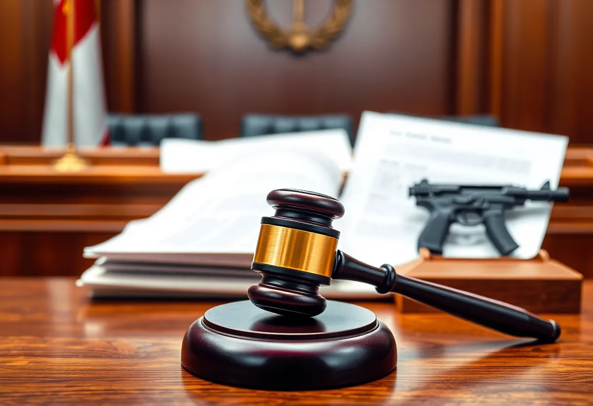 Courtroom scene with gavel and legal documents