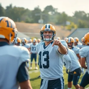 Quarterback practicing with team during training