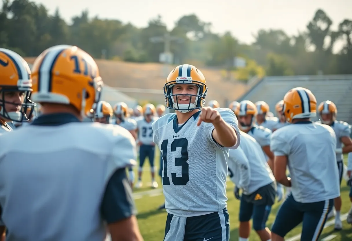Quarterback practicing with team during training