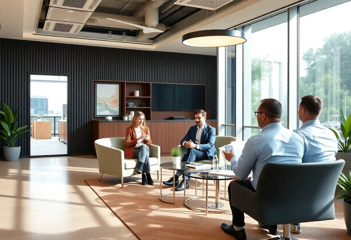 Professional financial advisors assisting clients in a modern bank environment.