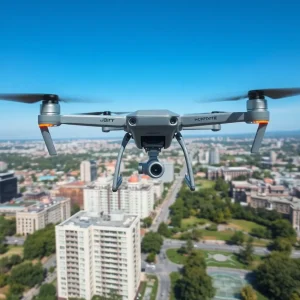 Drone operational in a Cuyahoga County cityscape