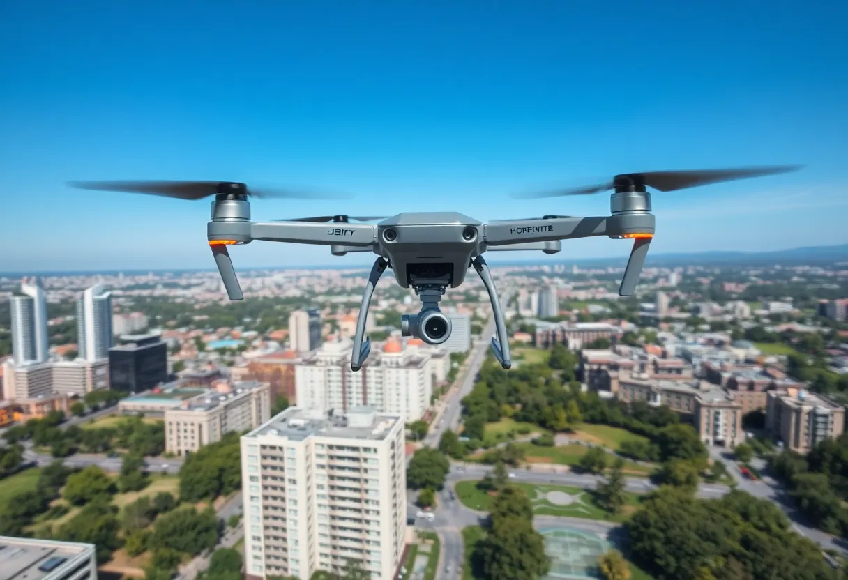 Drone operational in a Cuyahoga County cityscape