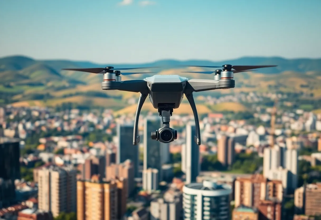 A drone flying over Cleveland, highlighting advanced technology for safe operations.