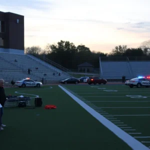 Empty football field at Mahtomedi High School with police presence