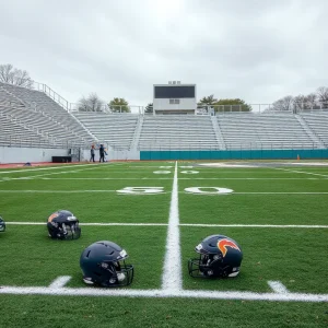An empty high school football field with no players or spectators