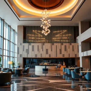 Conceptual image of the Erieview Tower Hotel lobby and rooftop bar